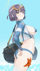 Rule 34 | 1girl, absurdres, aqua eyes, ass, bag, bikini, blue archive, blue bikini, blue jacket, blue sky, blush, breasts, cropped jacket, diving mask, duffel bag, goggles, grey hair, halo, highres, jacket, large breasts, long sleeves, looking at viewer, multicolored clothes, multicolored jacket, navel, official alternate costume, raglan sleeves, rash guard, sadan1317, saki (blue archive), saki (swimsuit) (blue archive), short hair, sidelocks, sky, solo, starfish, stomach, swimsuit, thighs, two-tone jacket, white jacket