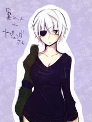 Rule 34 | 10s, 1girl, akame ga kill!, black sweater, blush, breasts, cleavage, eyepatch, female focus, large breasts, looking at viewer, mechanical arms, najenda, naked sweater, no pants, purple eyes, ribbed sweater, short hair, simple background, single mechanical arm, solo, standing, sweater, tomboy, translation request, upper body