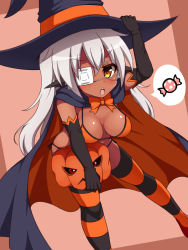 Rule 34 | 1girl, bikini, blush, breasts, candy, commentary request, dark-skinned female, dark skin, eyepatch, food, halloween, haniwagi (hal), hat, hifumi (haniwagi), jack-o&#039;-lantern, long hair, looking at viewer, open mouth, original, simple background, solo, striped clothes, striped thighhighs, swimsuit, thighhighs, witch hat