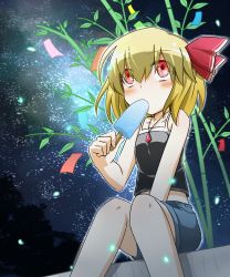 Rule 34 | 1girl, bamboo, blonde hair, blush, camisole, casual, contemporary, eating, embodiment of scarlet devil, female focus, food, hair ribbon, highres, ice cream, jewelry, looking up, midriff, necklace, night, pendant, popsicle, red eyes, ribbon, rumia, shirt, short hair, shorts, sitting, sleeveless, sleeveless shirt, solo, star (sky), tanabata, touhou, yutamaro