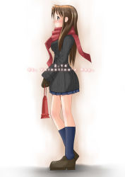 Rule 34 | 1girl, coat, gradient background, kneehighs, miniskirt, original, scarf, skirt, socks, solo, yamawaku