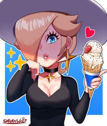Rule 34 | 1girl, absurdres, black shirt, blonde hair, blue eyes, breasts, casual, cleavage, earrings, eyelashes, food, fruit, hair over one eye, hat, heart, highres, ice cream, ice cream cone, jewelry, mario (series), necklace, nintendo, plunging neckline, rosalina, sarukaiwolf, shirt, smile, solo, star (symbol), star earrings, star necklace, strawberry, sun hat, super mario galaxy, upper body