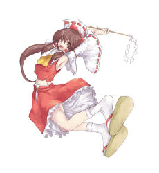 Rule 34 | 1girl, \o/, armpits, arms up, ascot, bow, brown eyes, brown hair, detached sleeves, female focus, gohei, hair bow, hair tubes, hakurei reimu, highres, japanese clothes, lace, long hair, looking at viewer, miko, mumulatte, open mouth, outstretched arms, ponytail, sandals, shirt, simple background, skirt, sleeveless, sleeveless shirt, smile, solo, touhou, white background, white legwear