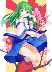 Rule 34 | 1girl, bare shoulders, clenched hand, detached sleeves, flower, frog hair ornament, gohei, green eyes, green hair, hair ornament, hair tubes, highres, kochiya sanae, long hair, matching hair/eyes, mikan (bananoha), oonusa, open mouth, panties, pantyshot, smile, snake hair ornament, solo, touhou, underwear, white panties