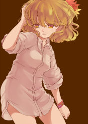 Rule 34 | 1girl, aki shizuha, blonde hair, bottomless, bracelet, closed mouth, contrapposto, cowboy shot, female focus, hair between eyes, hair ornament, iris anemone, jewelry, looking at viewer, naked shirt, no pants, red background, shirt, short hair, simple background, smile, solo, touhou, wristband, yellow eyes