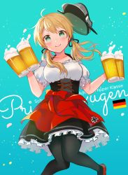 Rule 34 | 1girl, alcohol, anbutter siruko, anchor hair ornament, apron, aqua eyes, beer, beer mug, black pantyhose, blonde hair, blush, breasts, character name, cleavage, cross, cup, dirndl, dress, german clothes, hair ornament, hat, holding, holding cup, iron cross, kantai collection, large breasts, long hair, looking at viewer, mug, oktoberfest, pantyhose, peaked cap, prinz eugen, prinz eugen (kancolle), red footwear, smile, solo, twintails, underbust