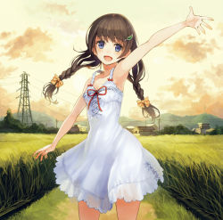 Rule 34 | 1girl, :d, absurdres, album cover, arm up, armpits, bare shoulders, blue eyes, braid, brown hair, building, cover, dress, grass, hair ornament, hairclip, highres, house, long hair, md5 mismatch, open mouth, original, outstretched arm, outstretched arms, parsley-f, power lines, resolution mismatch, ribbon, sleeveless, sleeveless dress, smile, solo, sundress, twin braids