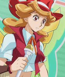 Rule 34 | 1girl, belt, breasts, cowboy hat, female focus, hat, highres, large breasts, light brown hair, looking to the side, melissa claire, microphone, midriff, navel, screencap, shirt, sweat, third-party edit, vest, yu-gi-oh!, yu-gi-oh! arc-v