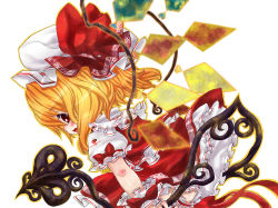 Rule 34 | 1girl, blonde hair, blush, bow, dutch angle, embellished costume, embodiment of scarlet devil, fang, female focus, flandre scarlet, from behind, hat, hat bow, jpeg artifacts, laevatein, looking back, open mouth, red eyes, short hair, short sleeves, simple background, skirt, skirt set, smile, solo, tm (gf-tm), touhou, white background, wings, wrist cuffs