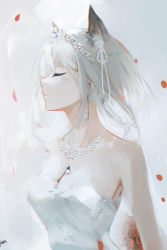 Rule 34 | 1girl, absurdres, alternate costume, animal ears, arknights, bare shoulders, breasts, bride, cat ears, closed mouth, commentary request, dress, earrings, eyelashes, closed eyes, highres, jewelry, kal&#039;tsit (arknights), necklace, omone hokoma agm, petals, profile, short hair, signature, silver hair, sleeveless, sleeveless dress, solo, tiara, upper body, wedding dress