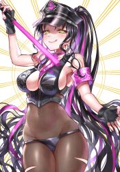 Rule 34 | 1girl, arm up, bikini, black bikini, black gloves, black hair, black hat, blush, bodystocking, breasts, chaldea logo, closed mouth, covered navel, cowboy shot, earrings, fate/grand order, fate (series), fingerless gloves, fingernails, gloves, groin, halo, halo behind head, hat, holding, jewelry, large breasts, licking lips, long hair, looking at viewer, mudra, multicolored hair, nail polish, necktie, peaked cap, pink armband, pink hair, pink nails, pink necktie, police hat, ponytail, sessyoin kiara, sessyoin kiara (swimsuit mooncancer), sessyoin kiara (swimsuit mooncancer) (second ascension), sideboob, smile, solo, streaked hair, swimsuit, tongue, tongue out, torn bodystocking, torn clothes, traffic baton, twitter username, very long hair, vitarka mudra, yayoi maka, yellow eyes