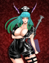 Rule 34 | 1girl, breast pocket, breasts, buttons, cleavage, clipboard, collarbone, green hair, hat, head wings, highres, holding, holding clipboard, huge breasts, jacket, large syringe, leather, leather jacket, leather shorts, licking lips, long hair, miyamiyamouneru, morrigan aensland, needle, nurse, nurse cap, oversized object, pocket, red background, sharp teeth, short shorts, shorts, skull and crossbones, solo, syringe, teeth, thermometer, thigh strap, tongue, tongue out, vampire (game), wings, yellow eyes
