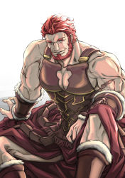 Rule 34 | 1boy, bara, bare shoulders, beard, cape, cleavage cutout, clothing cutout, facial hair, fate/grand order, fate/zero, fate (series), highres, iori0371, iskandar (fate), leather, pectoral cleavage, male focus, manly, muscular, pectorals, red eyes, red hair, smile, solo