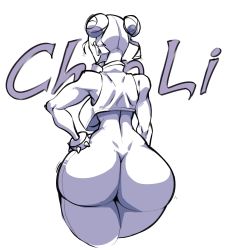Rule 34 | 1girl, alternate costume, anguriask, ass, bare shoulders, bodysuit, breasts, capcom, character name, chun-li, curvy, double bun, from behind, hair bun, hand on own hip, highres, huge ass, large breasts, monochrome, skin tight, solo, street fighter, thick thighs, thighs, wide hips