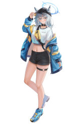 Rule 34 | 1girl, absurdres, alternate costume, animal, animal ears, arikawa rui, arm up, bare legs, black choker, black shorts, blue archive, blue eyes, blue footwear, blue jacket, bra strap, breasts, choker, crop top, crop top overhang, ears through headwear, fanny pack, fox ears, full body, halo, halterneck, hand on headwear, highres, jacket, large breasts, long hair, long sleeves, looking at viewer, midriff, mismatched pupils, navel, off shoulder, open clothes, open jacket, open mouth, reebok pump, shiroko (blue archive), shirt, shoes, short shorts, short sleeves, shorts, smile, sneakers, socks, solo, standing, stomach, thigh strap, thighs, white hair, white shirt, white socks
