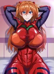 Rule 34 | 1girl, alternate breast size, arms behind head, blue eyes, bodysuit, breasts, brown hair, cowboy shot, curvy, hair between eyes, highres, huge breasts, interface headset, lips, long hair, looking at viewer, neon genesis evangelion, open mouth, parted lips, plugsuit, puripuri jet, red bodysuit, shiny clothes, sitting, skin tight, solo, souryuu asuka langley, thick thighs, thighs, two side up, very long hair, wide hips
