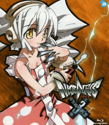 Rule 34 | 1girl, absurdres, album cover, cover, disc, disc (needless), dress, drill hair, headphones, highres, needless, pink dress, screwdriver, short twintails, solo, twin drills, twintails, white hair, yellow eyes