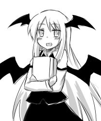 Rule 34 | 1girl, :d, armband, bat wings, blush, book, hugging book, dress shirt, greyscale, head wings, highres, holding, holding book, hugging object, koakuma, long hair, long sleeves, looking at viewer, monochrome, open mouth, shirt, simple background, sketch, skirt, skirt set, smile, solo, touhou, very long hair, vest, white background, wings, yutamaro