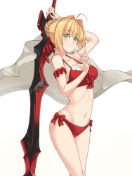 Rule 34 | 10s, 1girl, ahoge, arm strap, arm up, armband, bare shoulders, blonde hair, blush, bow, bow bra, bra, braid, breasts, cleavage, closed mouth, collarbone, cowboy shot, crown braid, fate/extra, fate (series), feet out of frame, female focus, fingernails, green eyes, groin, hair intakes, highres, holding, holding sword, holding weapon, index finger raised, large breasts, legs together, long fingernails, nail polish, navel, nero claudius (fate), nero claudius (fate) (all), nero claudius (fate/extra), panties, pink nails, red bow, red bra, red panties, saruno (eyesonly712), short hair, sideboob, simple background, smile, solo, standing, sword, underwear, underwear only, weapon, white background