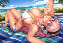 Rule 34 | 1girl, absurdres, barefoot, beach, beach towel, bikini, blush, breasts, cleavage, cloud, commentary, commission, covered erect nipples, day, dutch angle, english commentary, foreshortening, headphones, highres, large breasts, lips, long hair, looking at viewer, lying, mleth, nitroplus, ocean, on back, outdoors, pink eyes, pink hair, pool, side-tie bikini bottom, sky, solo, super sonico, swimsuit, towel, white bikini