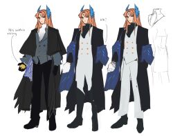 Rule 34 | 1boy, alternate costume, arknights, ascot, black cloak, black coat, black footwear, black gloves, black shirt, black socks, blue shawl, boots, bracelet, braid, buttons, character sheet, cloak, closed mouth, coat, commentary, double-breasted, english commentary, expressionless, forehead jewel, full body, gloves, grey eyes, grey jacket, head wings, holding, holding pocket watch, jacket, jewelry, lapels, long hair, looking at viewer, male focus, notched lapels, open clothes, open coat, orange hair, pants, parted bangs, passenger (arknights), pocket watch, shawl, shirt, shoes, side braid, simple background, sketch, socks, standing, suaviterra, turtleneck, variations, vest, watch, white ascot, white background, white gloves, white pants, white shirt, white vest, wings