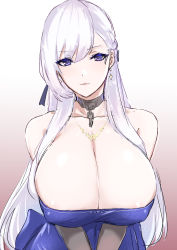 Rule 34 | 1girl, absurdres, alternate breast size, arms under breasts, azur lane, belfast (azur lane), blush, braid, breasts, chain, choker, cleavage, collarbone, covered erect nipples, earrings, hair between eyes, heart, heart-shaped pupils, highres, huge breasts, jewelry, large breasts, long hair, looking at viewer, mogi yasunobu, necklace, purple eyes, simple background, solo, swept bangs, symbol-shaped pupils, upper body, white background, white hair