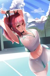 Rule 34 | 1girl, :o, absurdres, armpits, arms up, azur lane, bare shoulders, blue sky, breasts, bremerton (azur lane), bremerton (scorching-hot training) (azur lane), chain-link fence, cleavage, cloud, commentary, cowboy shot, crop top, crop top overhang, day, dutch angle, fence, green skirt, grey hair, groin, hair between eyes, hair intakes, hair ornament, hairclip, heart, heart necklace, highres, jewelry, kyuuri no tsukemono, large breasts, light rays, long hair, looking at viewer, midriff, multicolored hair, navel, necklace, no mole, open mouth, outdoors, pink eyes, pink hair, see-through, shirt, sidelocks, skirt, sky, sleeveless, sleeveless shirt, solo, sportswear, standing, streaked hair, sunbeam, sunlight, sweat, teeth, tennis court, tennis uniform, twintails, two-tone hair, two-tone shirt, two-tone skirt, upper teeth only, wet, wet clothes, wet shirt, white shirt, white skirt, wristband