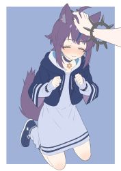 Rule 34 | 1girl, ahoge, animal ear fluff, animal ears, bad id, bad twitter id, black nails, blue background, blue dress, blue footwear, blue nails, blush, border, bracelet, choker, clenched hands, closed eyes, closed mouth, copyright request, cropped jacket, donguri suzume, dot nose, dress, facing viewer, full body, hand on another&#039;s head, headpat, highres, hood, hood down, hooded jacket, jacket, jewelry, kneeling, layered sleeves, long sleeves, multicolored hair, nail polish, nose blush, open clothes, open jacket, out of frame, purple choker, purple hair, shoes, short over long sleeves, short sleeves, simple background, smile, sneakers, solo, solo focus, streaked hair, tail, white border, wide sleeves
