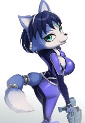 Rule 34 | 1girl, animal nose, ass, blue fur, blue hair, bodysuit, boots, breasts, cleavage cutout, clothing cutout, fox girl, fox tail, furry, furry female, gonzarez, green eyes, gun, highres, huge ass, krystal, large breasts, looking back, nintendo, short hair, simple background, smile, star fox, tail, weapon