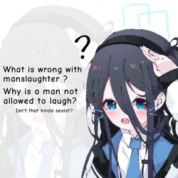 Rule 34 | 1girl, ?, aris (blue archive), black hair, black hairband, blue archive, blue eyes, blue necktie, blush, collared shirt, drawn whiskers, english text, hair between eyes, hairband, hand on own head, highres, jacket, jaggy lines, koyoinacho, long hair, long hair between eyes, necktie, open mouth, round teeth, shirt, teeth, upper body, upper teeth only, white shirt, zoom layer