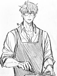 Rule 34 | 1boy, absurdres, apron, collared shirt, glasses, greyscale, highres, holding, jujutsu kaisen, looking at viewer, male focus, monochrome, nanami kento, nekonii, parted lips, shirt, short hair, sketch, solo, standing, twitter username, upper body