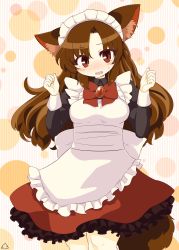 Rule 34 | 1girl, alternate costume, animal ears, apron, azumaya toushirou, bad id, bad pixiv id, black shirt, blouse, blush, bow, bowtie, breasts, brooch, brown eyes, brown hair, clenched hands, embarrassed, enmaided, eyebrows, hands up, highres, imaizumi kagerou, jewelry, juliet sleeves, long hair, long sleeves, maid, maid apron, maid headdress, medium breasts, petticoat, puffy sleeves, red skirt, shirt, skirt, solo, tail, touhou, wolf ears, wolf tail