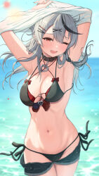 Rule 34 | 1girl, arms up, bikini, black bikini, blue sky, bowsan, breasts, clothes lift, grey hair, hair ornament, highres, hololive, large breasts, lifted by self, long hair, multicolored hair, navel, one eye closed, open mouth, red eyes, sakamata chloe, shirt lift, sky, solo, stomach, streaked hair, swimsuit, virtual youtuber, wet, x hair ornament