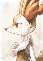 Rule 34 | 1girl, animal ear fluff, animal ears, animal nose, artist name, blush, body fur, braixen, closed mouth, creatures (company), female focus, flat chest, fox ears, fox girl, fox tail, from side, furry, furry female, game freak, gen 6 pokemon, hand on own chest, hand up, happy, highres, ikei, light blush, neck fur, nintendo, pokemon, pokemon (creature), red eyes, signature, simple background, smile, snout, solo, split mouth, standing, tail, two-tone fur, upper body, white fur, yellow background, yellow fur