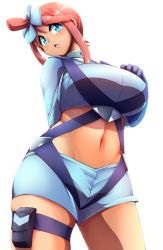 Rule 34 | 1girl, arm behind back, blue eyes, blue gloves, blue jacket, blue shorts, breasts, cowboy shot, creatures (company), crop top, cropped jacket, elbow gloves, game freak, gloves, gym leader, hair between eyes, head tilt, highres, huge breasts, jacket, long hair, long sleeves, looking at viewer, midriff, navel, nintendo, open mouth, pokemon, pokemon bw, pouch, red hair, shorts, simple background, skindentation, skyla (pokemon), smile, solo, standing, stomach, suspenders, thigh pouch, thigh strap, tokyo (great akuta), white background, wide hips