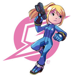 Rule 34 | 1girl, black eyes, blonde hair, bodysuit, clenched hand, finger on trigger, full body, gun, hair between eyes, mary cagle, metroid, nintendo, outline, parted bangs, ponytail, samus aran, sidelocks, signature, solo, standing, standing on one leg, swept bangs, weapon, zero suit