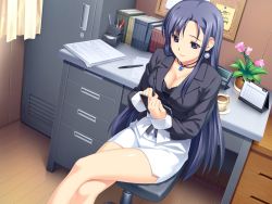 Rule 34 | 10s, 1girl, blazer, blue eyes, breasts, business suit, cleavage, desk, flower, formal, game cg, highres, indoors, jewelry, koutaro, large breasts, legs, crossed legs, locket, long hair, long legs, miniskirt, office lady, pencil skirt, pendant, saotome nagi, sitting, skirt, skirt suit, smile, solo, suit, thighs, tropical kiss, very long hair, wallpaper, wrist cuffs, writing