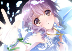 Rule 34 | 1girl, bare arms, bare shoulders, brown eyes, commentary request, dress, hair ribbon, highres, idolmaster, idolmaster million live!, idolmaster million live! theater days, jewelry, long dress, looking at viewer, looking up, makabe mizuki, necklace, night, pearl necklace, pure onepiece (idolmaster), purple hair, reaching, ribbon, senomoto hisashi, short hair, sky, sleeveless, sleeveless dress, solo, star (sky), starry sky, sundress, white dress, white ribbon, wrist ribbon