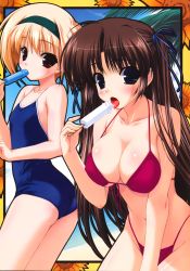 Rule 34 | 2girls, absurdres, amaizumimoriamekoyori no mikoto, ass, bare shoulders, bikini, blonde hair, blush, breasts, brown hair, casual one-piece swimsuit, cleavage, flat chest, front-tie top, hair ribbon, hairband, highleg, highleg bikini, highleg swimsuit, highres, kamipani!, katase megumi, large breasts, long hair, looking at viewer, multiple girls, navel, one-piece swimsuit, popsicle, purple eyes, red bikini, red eyes, ribbon, shintarou, short hair, strap gap, swimsuit, tongue, two side up