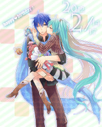 Rule 34 | 1boy, 1girl, aqua hair, bad id, bad pixiv id, boots, bouquet, bracelet, carrying, couple, closed eyes, flower, gift, hatsune miku, height difference, hetero, high heels, highres, irono (irtyu), jewelry, kaito (vocaloid), kiss, long hair, nail polish, one eye closed, ring, shoes, skirt, twintails, very long hair, vocaloid, wink