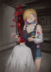 Rule 34 | 1girl, 1other, absurdres, apron, barber, bare shoulders, blonde hair, blood, blue nails, boryeon (last origin), breasts, censored, choker, cleavage, closed eyes, comb, ear piercing, earrings, guro, hair ornament, hairclip, highres, horror (theme), jewelry, large breasts, last origin, mosaic censoring, multicolored hair, nail polish, piercing, purple hair, scissors, shorts, teddyellow, two-tone hair