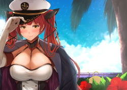 Rule 34 | 1girl, adjusting clothes, adjusting headwear, azur lane, black ribbon, blue sky, blush, breasts, buttons, chair, choker, cleavage, closed mouth, cloud, collarbone, day, double-breasted, dress, elbow gloves, gloves, hair ribbon, hand on headwear, hat, honolulu (azur lane), jacket, jacket on shoulders, kanzaki kureha, large breasts, long hair, looking at viewer, outdoors, peaked cap, red eyes, red hair, ribbon, sidelocks, sky, sleeveless, sleeveless dress, smile, solo, taut clothes, taut dress, twintails, underbust, upper body, white gloves