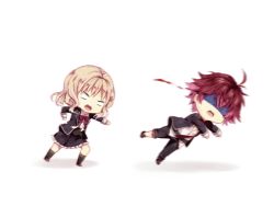 Rule 34 | 1boy, 1girl, ahoge, angry, black thighhighs, blank eyes, blazer, blonde hair, bow, bowtie, button up skirt, chibi, clenched hands, diabolik lovers, flower, hair flower, hair ornament, jacket, komori yui, layered skirt, loose necktie, motion blur, necktie, open mouth, pants, pants rolled up, partially unbuttoned, punching, red bow, red bowtie, red hair, red necktie, sakamaki ayato, school uniform, shaded face, skirt, sleeve cuffs, tamagoyaki (megane-daisuki), thighhighs, wavy hair, white background
