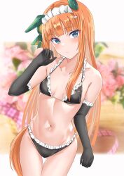 Rule 34 | 1girl, :/, alumina (kennmeidesu), arm at side, bare shoulders, bikini, black bikini, blue eyes, blunt bangs, blunt ends, blush, breasts, closed mouth, collarbone, commentary request, cowboy shot, elbow gloves, expressionless, frilled bikini, frills, gloves, groin, heart, heart in eye, highres, horse tail, long hair, looking at viewer, maid, maid bikini, maid headdress, navel, orange hair, silence suzuka (umamusume), small breasts, solo, stomach, swimsuit, symbol in eye, tail, tsurime, umamusume, unconventional maid