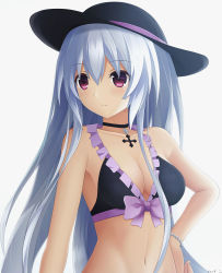 Rule 34 | 1girl, arm at side, artist name, bad id, bad pixiv id, bikini, black bikini, black choker, black hat, bow, breasts, choker, cleavage, closed mouth, collarbone, expressionless, fairy fencer f, frilled bikini, frills, front-tie bikini top, front-tie top, hand on own hip, hat, highres, jewelry, keenh, long hair, looking away, looking to the side, medium breasts, navel, pendant, purple bow, purple eyes, silver hair, simple background, solo, stomach, straight hair, sun hat, swimsuit, tareme, tiara (fairy fencer f), upper body, white background