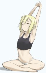 Rule 34 | 1girl, armpits, arms up, bare shoulders, black shirt, blonde hair, breasts, closed eyes, closed mouth, collarbone, crossed legs, erica hartmann, fankupl, highres, navel, panties, shadow, shirt, short hair, simple background, sitting, small breasts, solo, stretching, strike witches, underwear, white background, white panties, world witches series