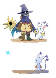 Rule 34 | absurdres, brown footwear, brown hair, bug, butterfly, cape, cat, creature, digimon, digimon (creature), digimon adventure, friends, green eyes, hat, highres, holding, holding wand, insect, purple cape, slayer dramonz, tailmon, torn clothes, walking, wand, white fur, wizard hat, wizarmon