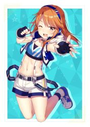 Rule 34 | 1girl, :d, absurdres, bad id, bad pixiv id, black footwear, black gloves, blue background, blush, brown hair, clenched hand, commentary request, crop top, fingerless gloves, gloves, headphones, highres, ichiren namiro, idolmaster, idolmaster cinderella girls, idolmaster cinderella girls starlight stage, jumping, looking at viewer, midriff, navel, one eye closed, open mouth, orange hair, purple eyes, round teeth, shoes, shorts, smile, sneakers, solo, star (symbol), strapless, suspender shorts, suspenders, teeth, tube top, white shorts, yuuki haru