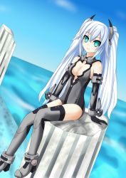 Rule 34 | 10s, 1girl, anklet, aqua eyes, arm support, armlet, bare shoulders, black gloves, black heart (neptunia), blush, boots, breasts, cleavage, cleavage cutout, clothing cutout, cloud, day, dutch angle, elbow gloves, female focus, from side, full body, gloves, grey footwear, grey thighhighs, hair between eyes, hair ornament, halterneck, high heel boots, high heels, jewelry, kami jigen game neptune v, leotard, light smile, long hair, looking at viewer, magical girl, neptune (series), noire (neptunia), outdoors, pillar, ruins, sarvuant, sitting, sky, smile, solo, symbol-shaped pupils, thighhighs, turtleneck, twintails, vambraces, very long hair, water, white hair