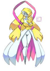 Rule 34 | absurdres, akaryuuseiart, angewomon, breasts, creatures (company), digimon, fusion, game freak, gardevoir, gen 3 pokemon, highres, large breasts, mask, nintendo, pokemon, simple background, white background